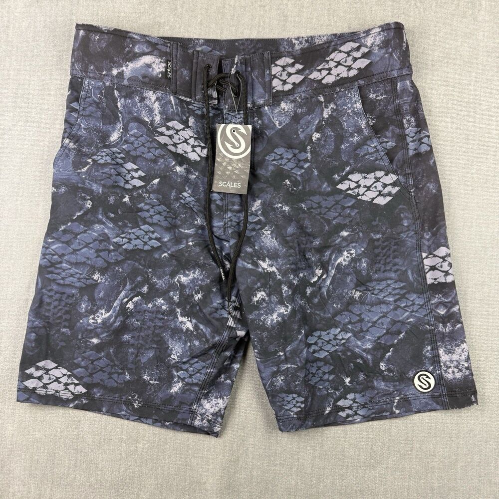 Scales First Mates Shorts Mens Size 32 Black Blue Pockets Drawstring Beach New